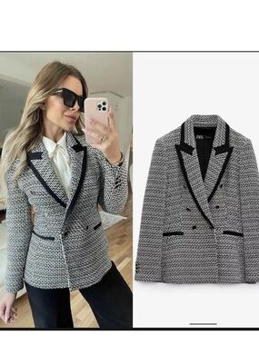 ZARA Black & White Tweed Blazer Double Breasted Contrast Black Trim M